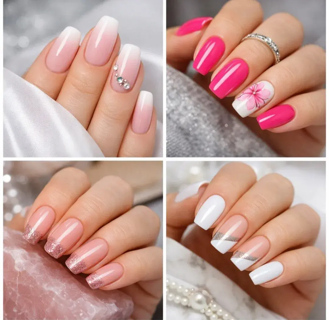 Gel-Nägel aus Hannover: Babyboomer, Pink mit Blume, Glitzer-French und Weiß mit Silber